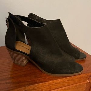 Lucky Brand Black Peeptoe Sandals, Block Heel, Adjustable Buckle at Ankle, 7M